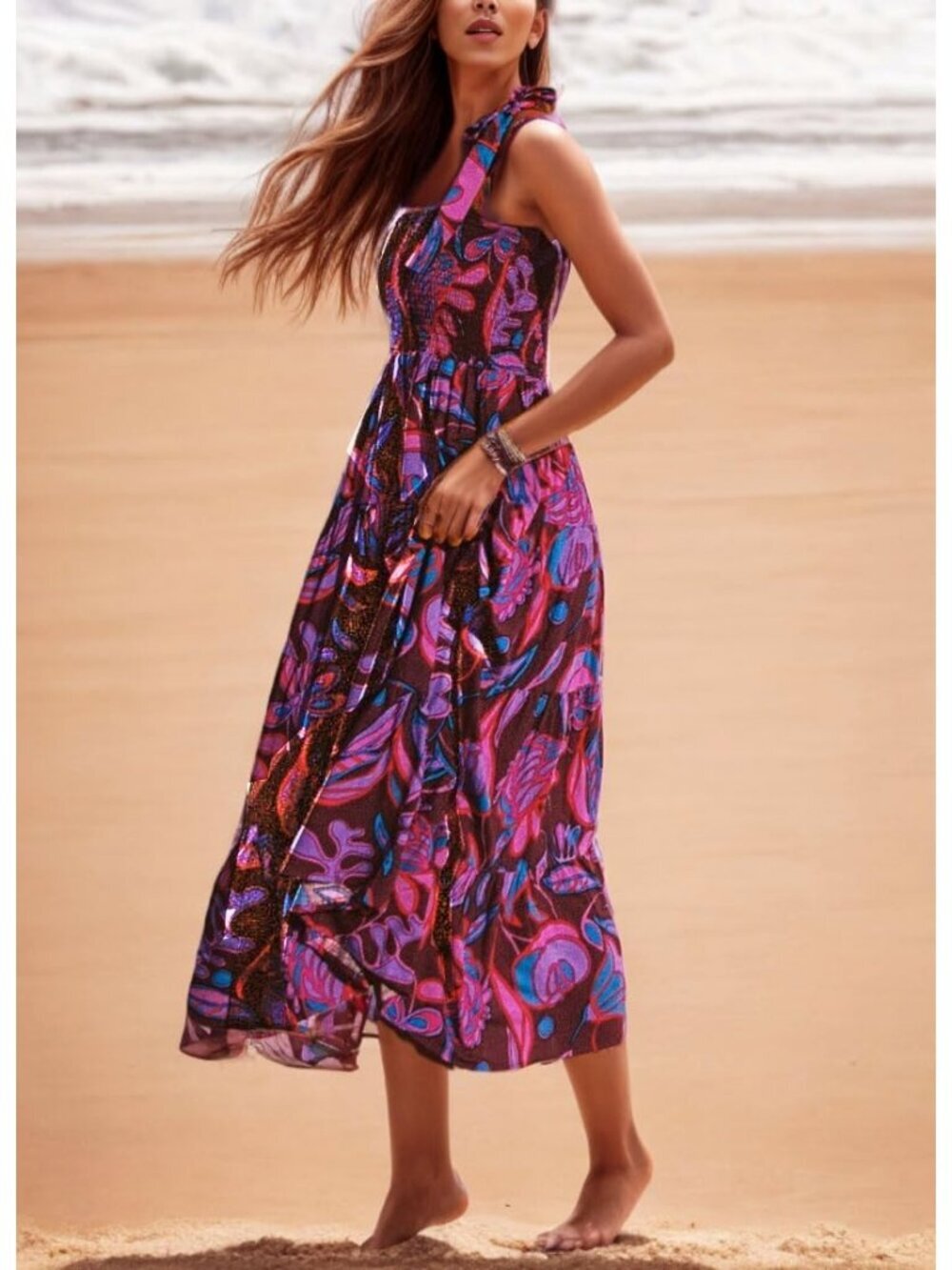 Women's Purple 1 Sleeveless Square Neck Ruffle Flowy Imported Maxi Dress - Picture 2 of 4